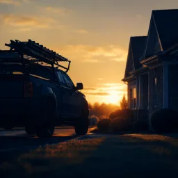 Roofing service vehicle silhouette near a suburban home at sunrise