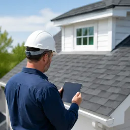 Contractor documenting roof condition with a tablet