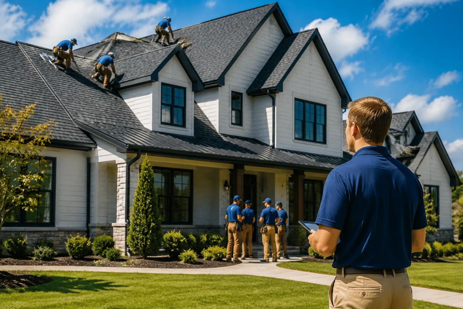 Premium American home with a newly completed roof and roofing crew on site