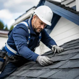 Roofing professional inspecting shingles with safety gear